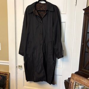 Reversible Mycra Pac Black Trench Coat with Leopard-Print Lining